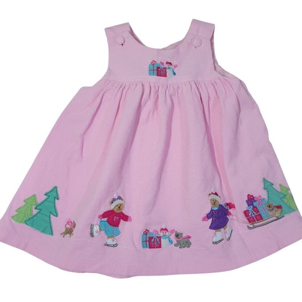 Christmas Jumper Dress Girls Sz 12 mths Pink Corduroy Embroidered Winter Skating